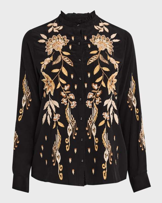 Chiarra Floral-Embroidered Silk Shirt